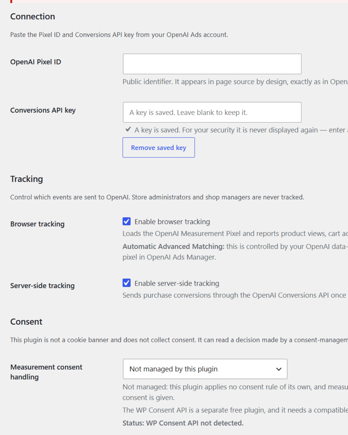 Die Einstellungsseite des Plugins in WordPress: Felder für die OpenAI Pixel-ID und den Conversions-API-Schlüssel mit bereits gespeichertem Schlüssel, darunter die Schalter für Browser- und serverseitiges Tracking.